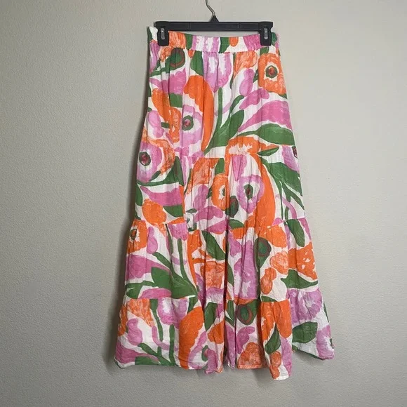 Banjanan Size Medium Agatha Midi A Line Skirt Pastel Orange Pink Cotton Floral - Picture 2 of 10